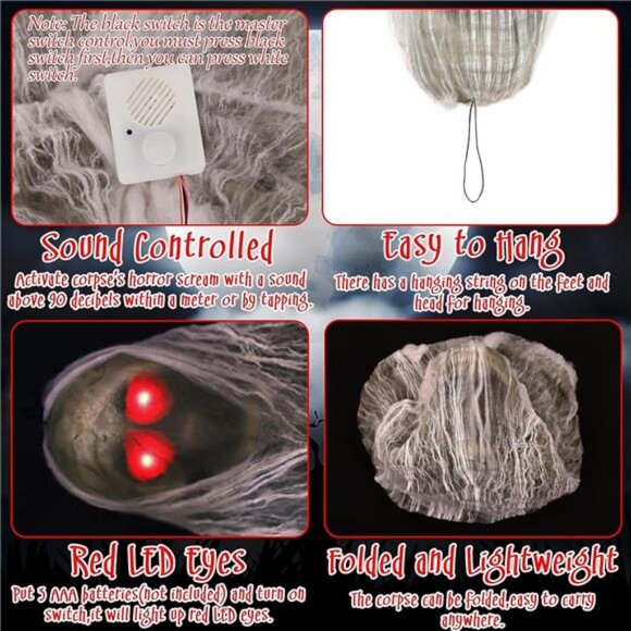 Corpse Halloween Decorations Outdoor: Horror Scream with Lighted LED Eyes - Picture 4 of 7